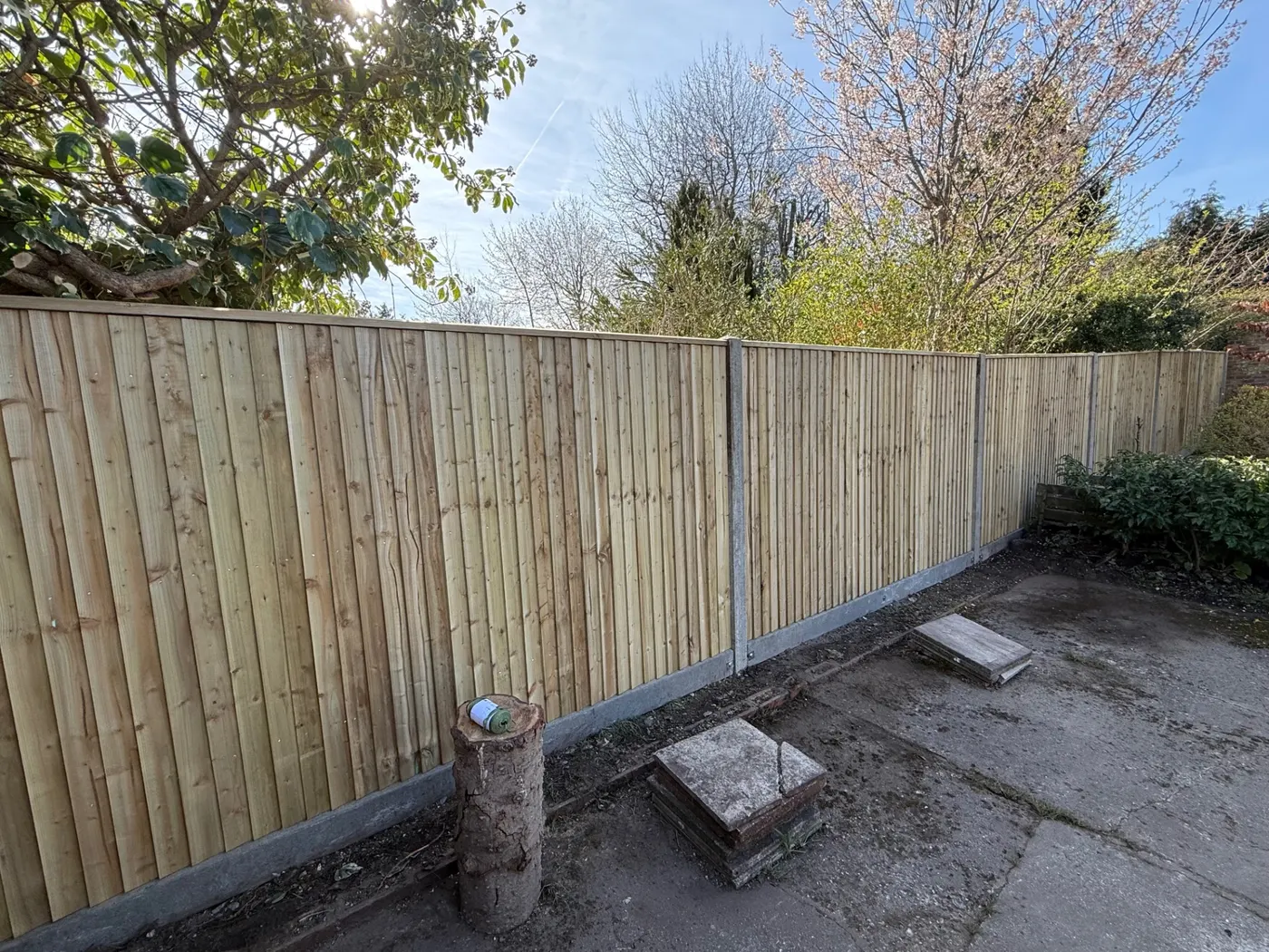 Closeboard fence with concrete posts and gravel boards in a garden